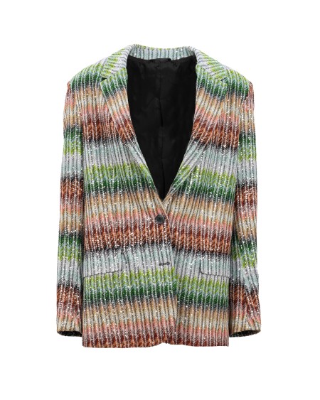 Shop MISSONI  Blazer: Missoni blazer in maglia zig zag dégradé con paillettes.
Blazer monopetto in maglia.
Motivo zig zag dégradé.
Paillettes decorative.
Lavorazione Carpedoni.
Composizione: 47%Viscosa, 26%Poliammide, 20%Poliestere, 7%Fibra Metallizzata.
Made in Italy.. DS25SF02 BC0051-SM9KP